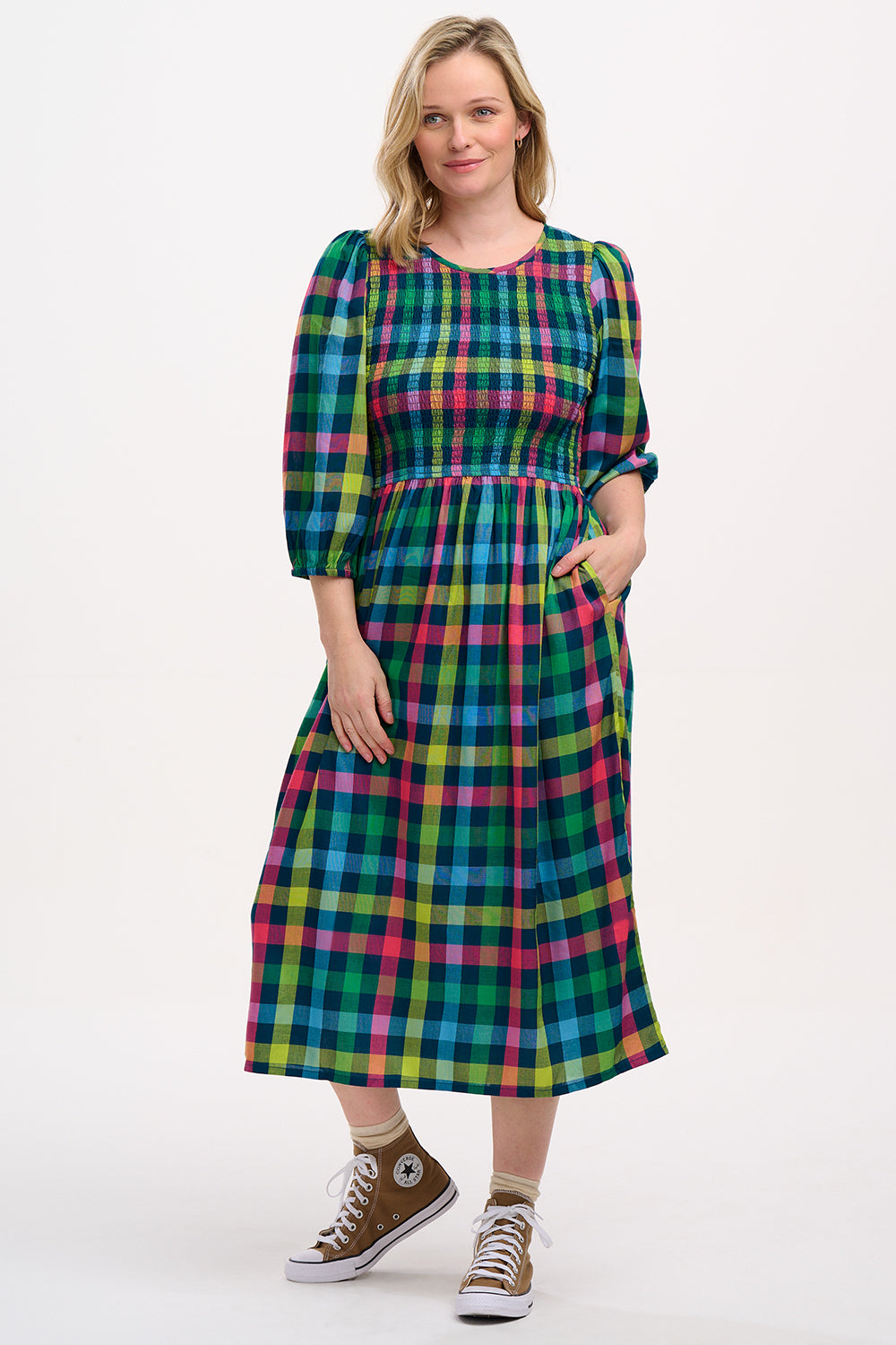 Sugarhill Brighton - Ursula Rainbow Gingham Shirred Midi Dress