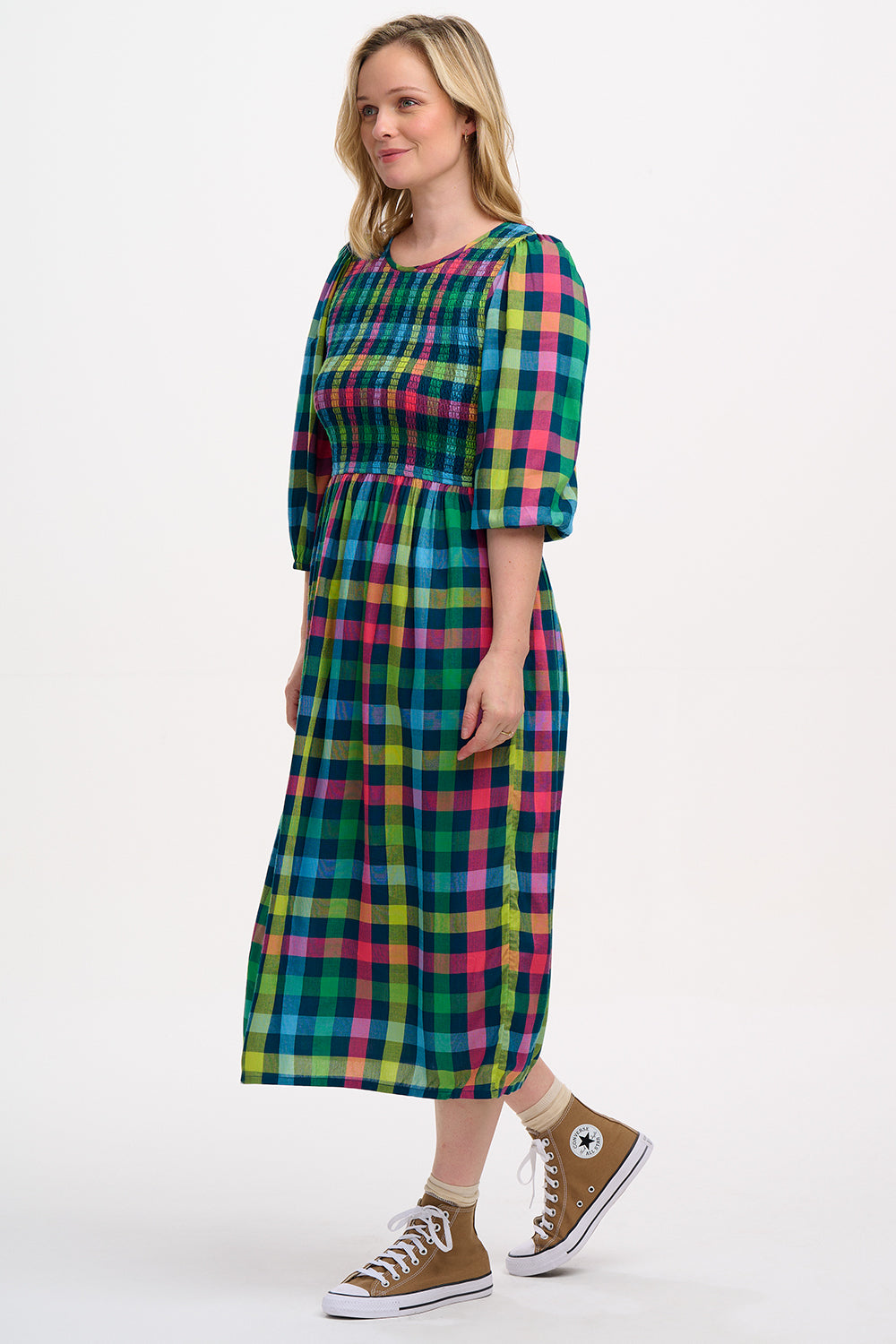 Sugarhill Brighton - Ursula Rainbow Gingham Shirred Midi Dress