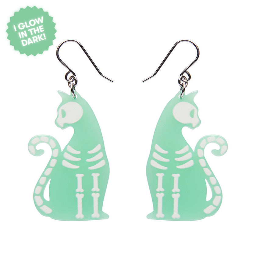 Erstwilder - Bone Kitty Drop Earrings in Glow in the Dark