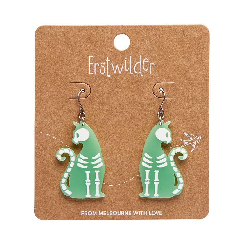 Erstwilder - Bone Kitty Drop Earrings in Glow in the Dark