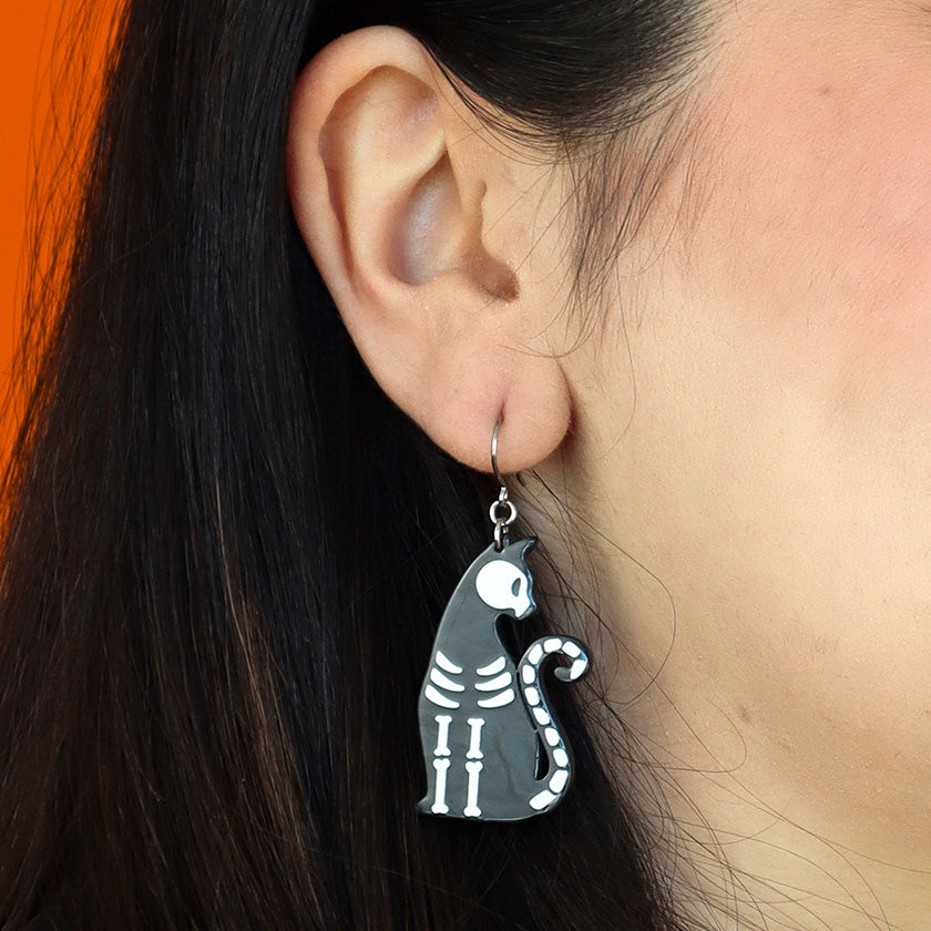 Erstwilder - Bone Kitty Drop Earrings in Black