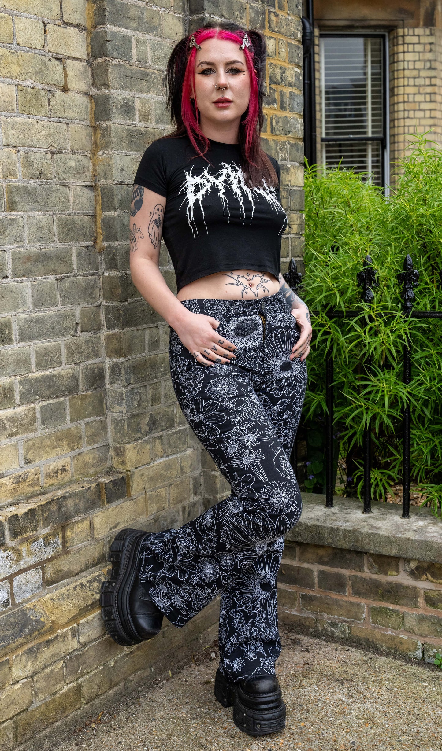 Run & Fly - Black and White Floral Bell Bottom Flares