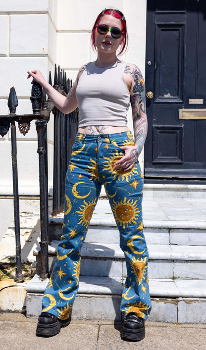 Run & Fly - Celestial Sun and Moon High Waisted Bell Bottom Flares