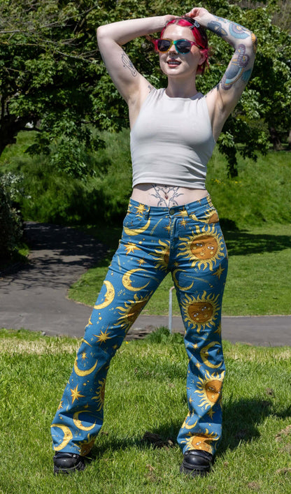 Run & Fly - Celestial Sun and Moon High Waisted Bell Bottom Flares