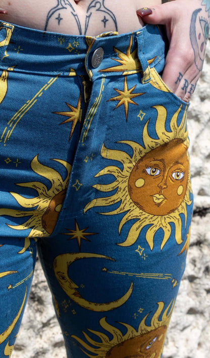 Run & Fly - Celestial Sun and Moon High Waisted Bell Bottom Flares