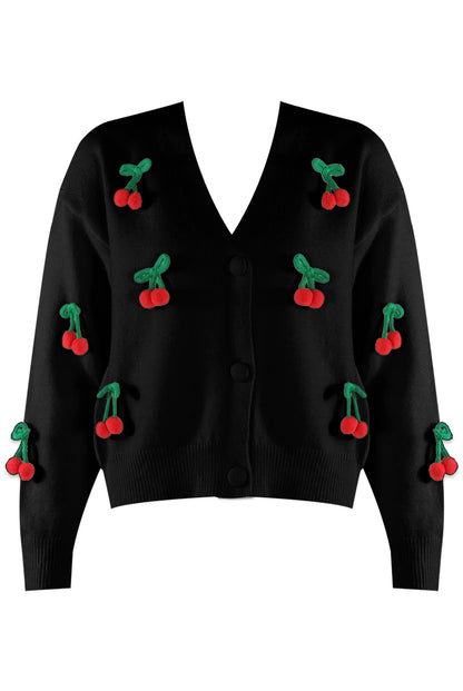 The Edit - 3D Cherry Pom Pom Knitted Cardigan