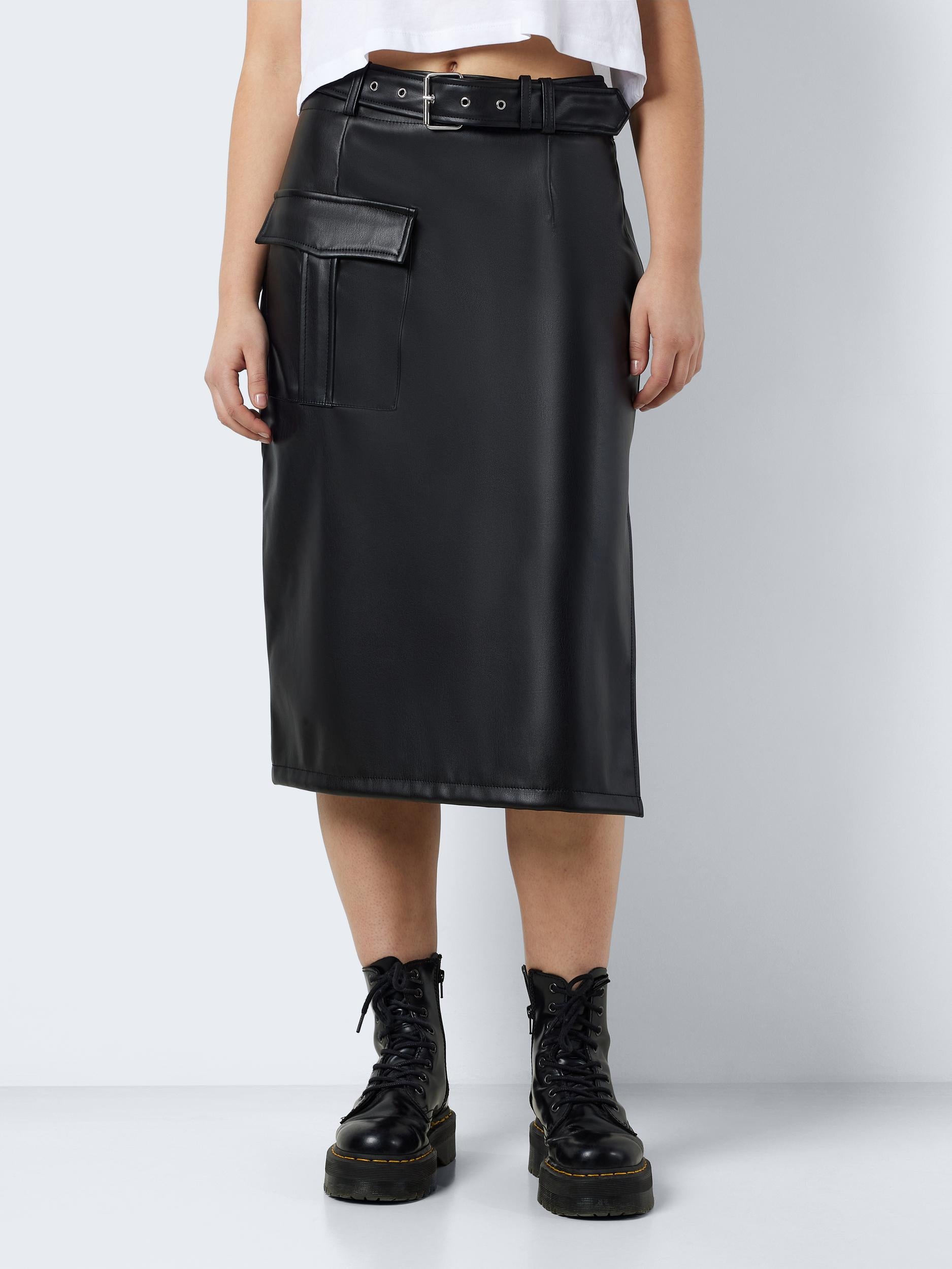 Faux leather midi 2024 skirt with pockets