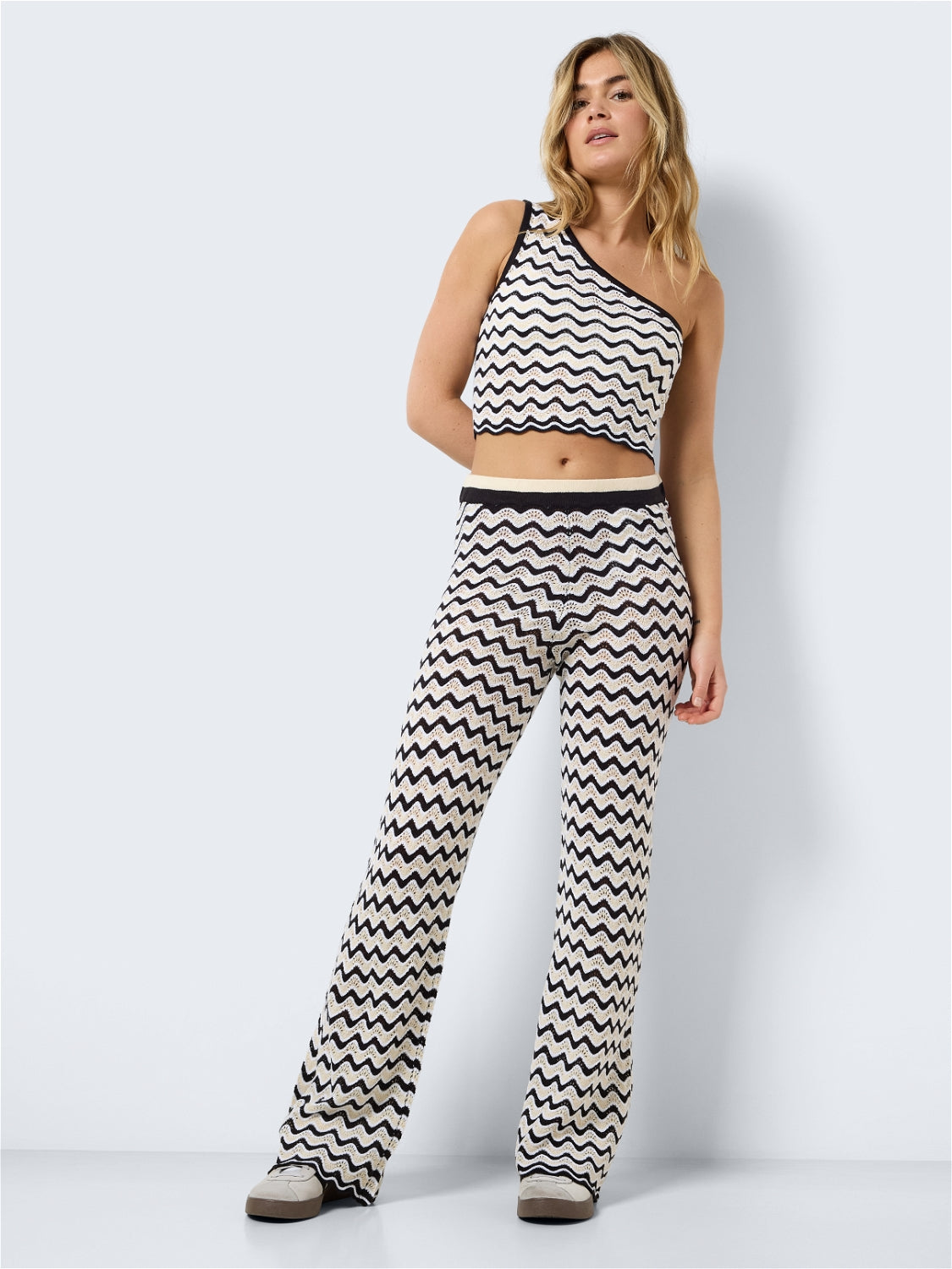 Noisy May Black and White Wide Leg Wavy Knit Trousers