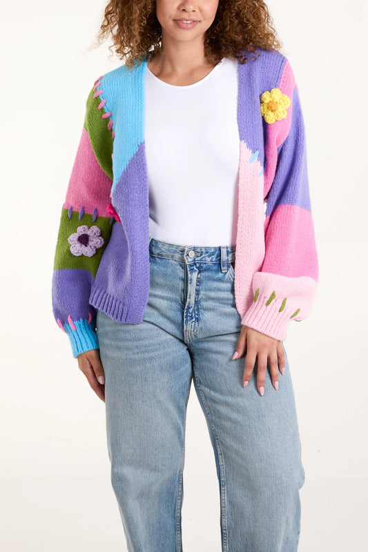 The Edit - Pastel Colourblock 3D Flower Stitch Knit Cardigan