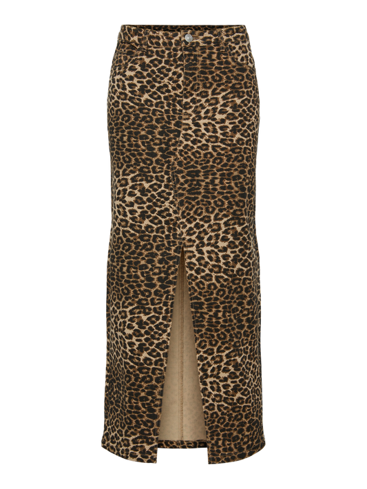 Pieces - Leopard Print Denim Skirt with Front Slit