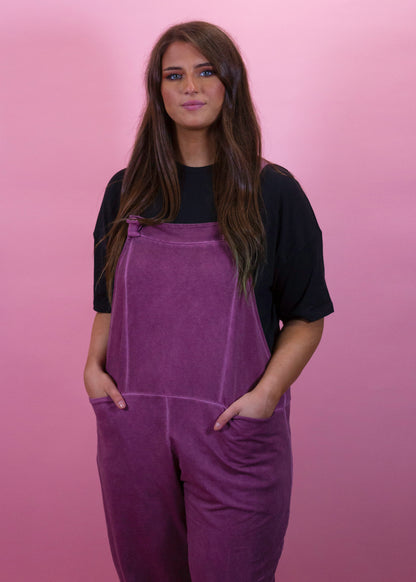 The Edit - Berry Vintage Wash Jersey Dungarees