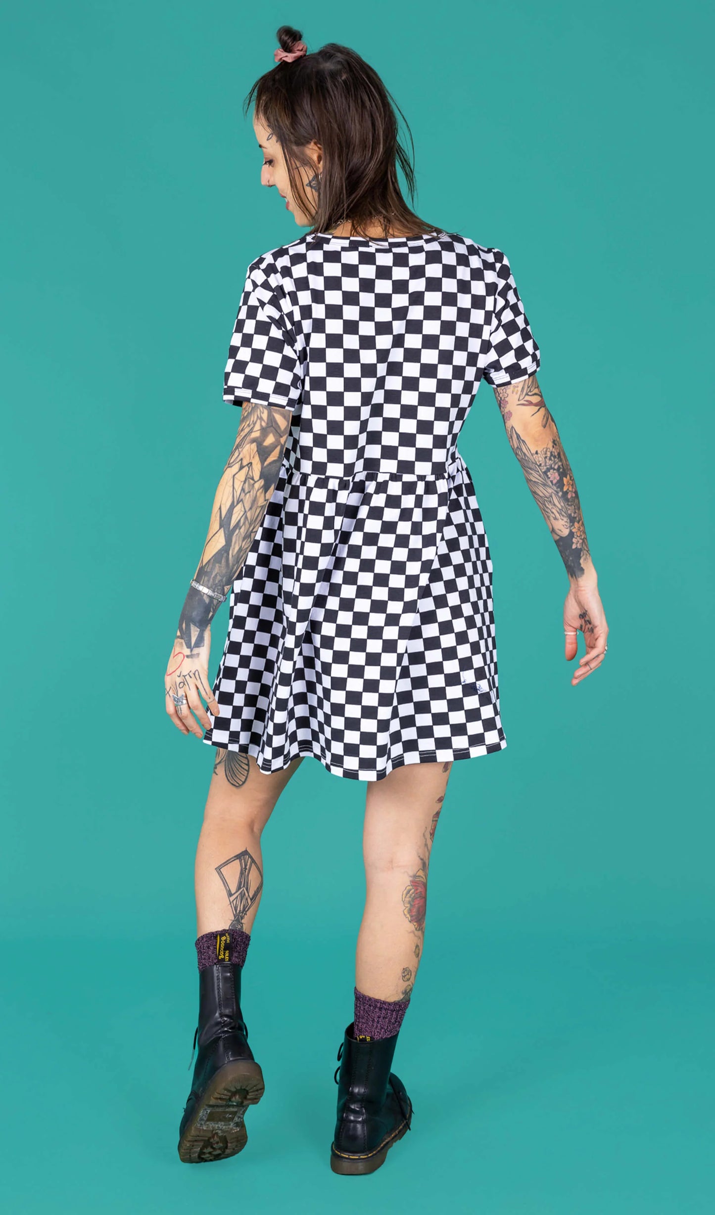Run & Fly - Black and White Checkerboard Oversized Smock Dress