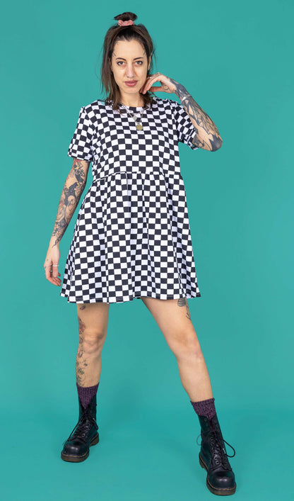 Run & Fly - Black and White Checkerboard Oversized Smock Dress