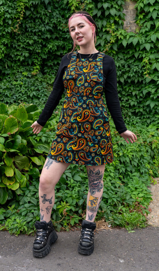 Run & Fly - Black Paisley Stretch Twill Pinafore Dress