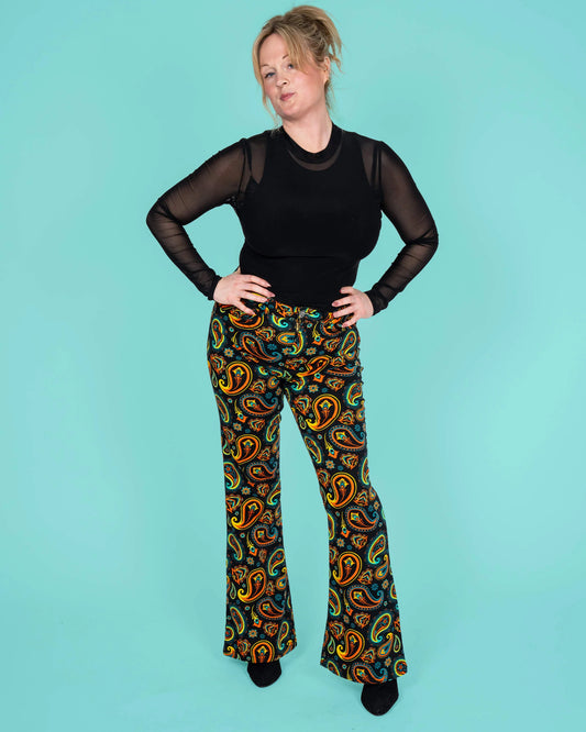 Run & Fly - Black Paisley High Waisted Bell Bottom Flares