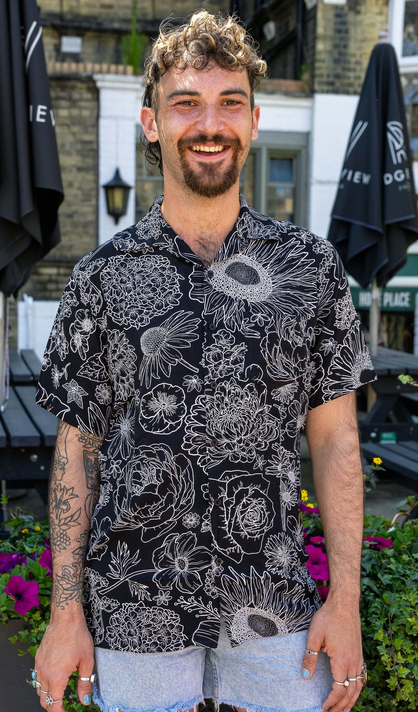 Run & Fly - Black and White Floral Short Sleeve Rayon Shirt