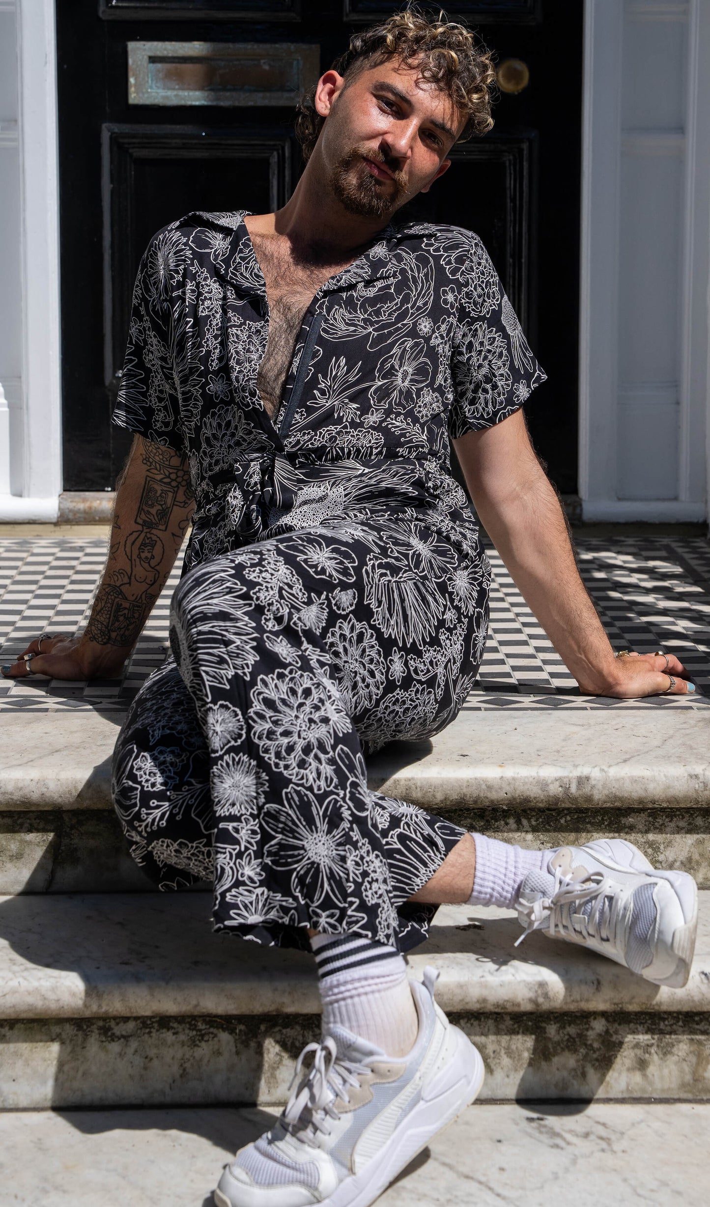 Run & Fly - Black and White Floral Rayon Jumpsuit