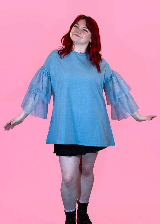 The Edit - Oversized Pastel Blue Tulle Sleeve Top