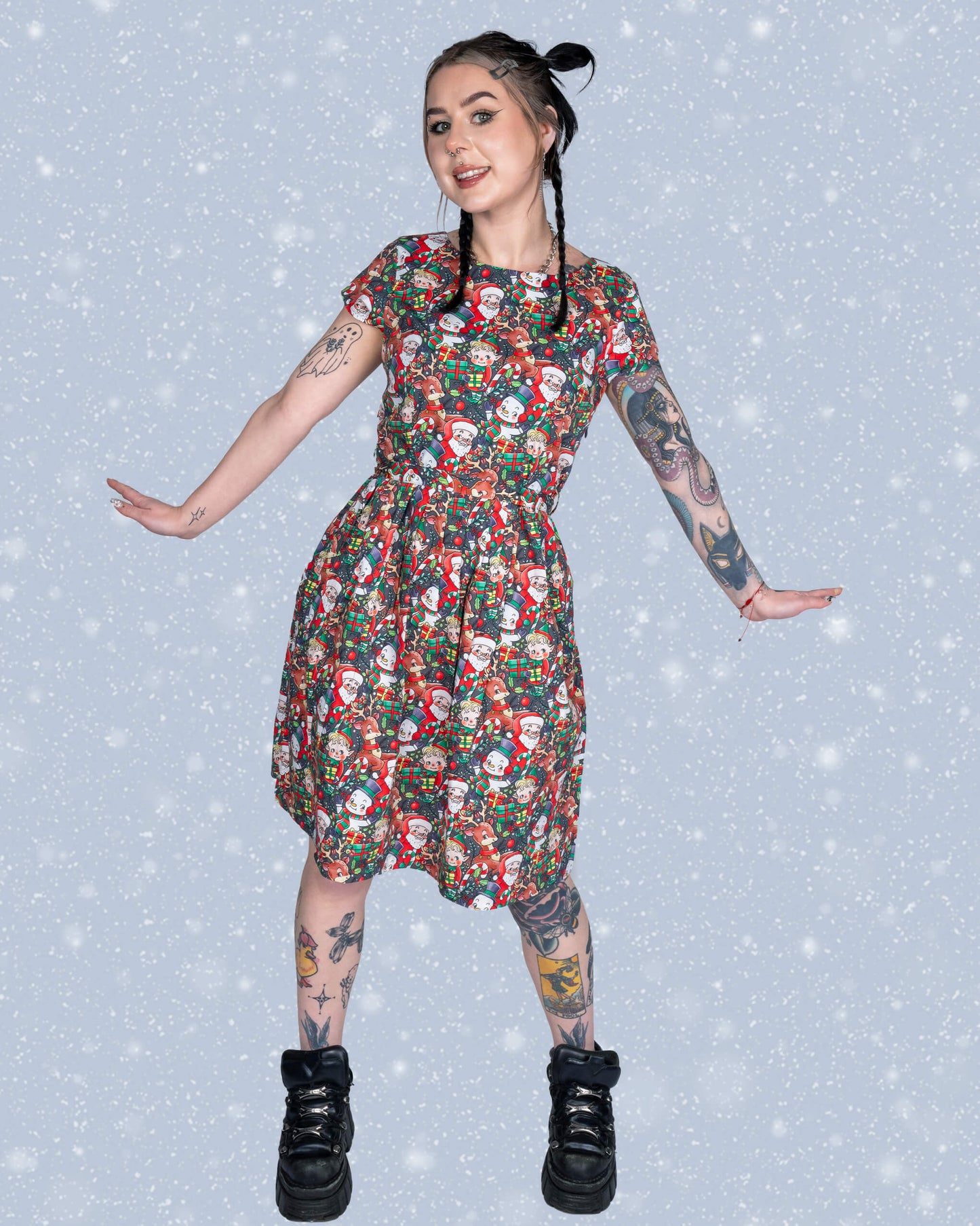 Run & Fly - Christmas Cuties Stretch Belted Tea Dress with Pockets