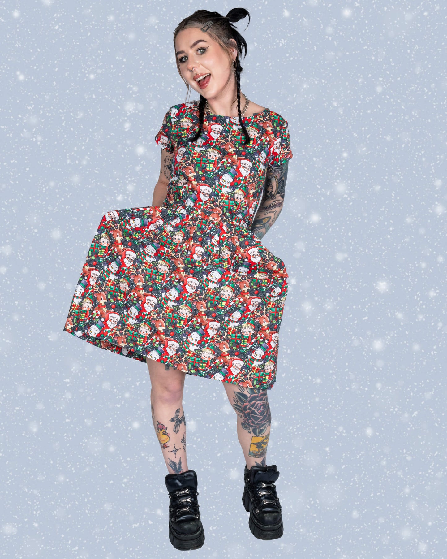 Run & Fly - Christmas Cuties Stretch Belted Tea Dress with Pockets