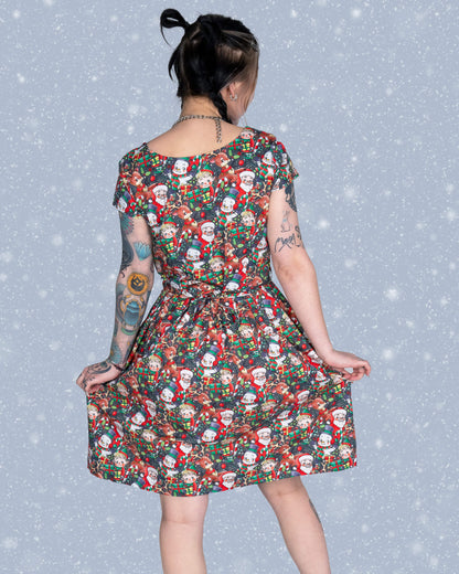 Run & Fly - Christmas Cuties Stretch Belted Tea Dress with Pockets