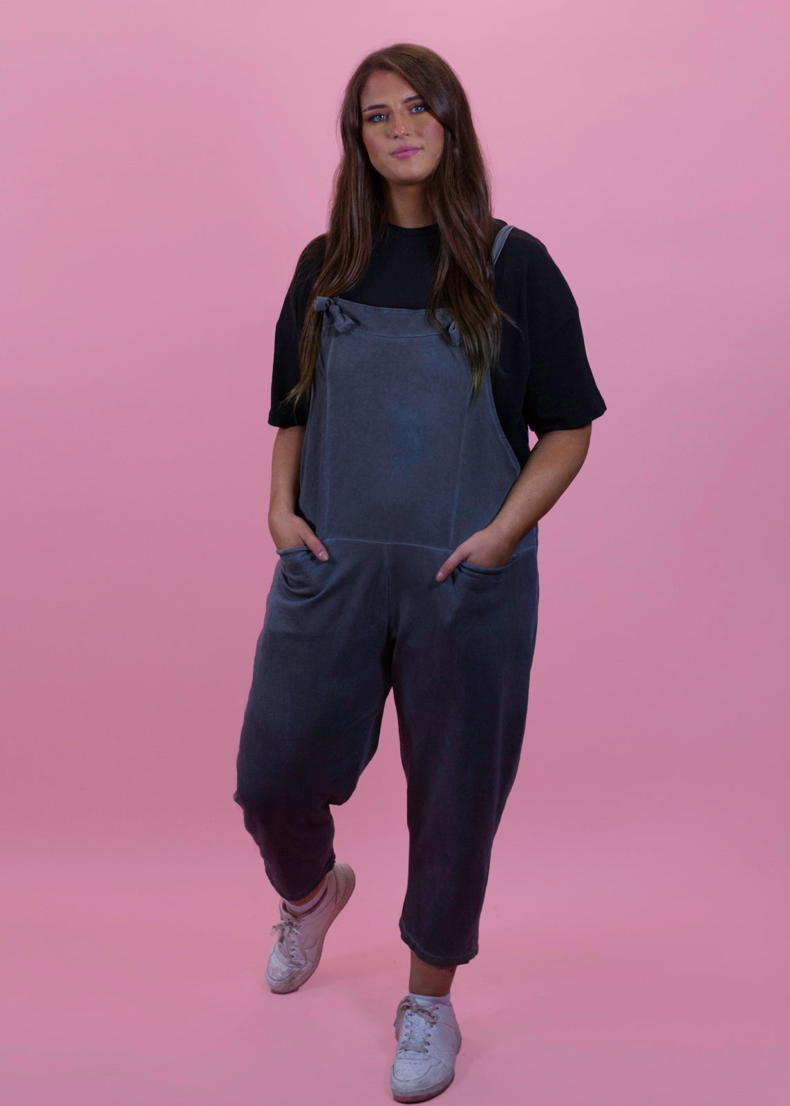 The Edit - Dark Grey Vintage Wash Jersey Dungarees