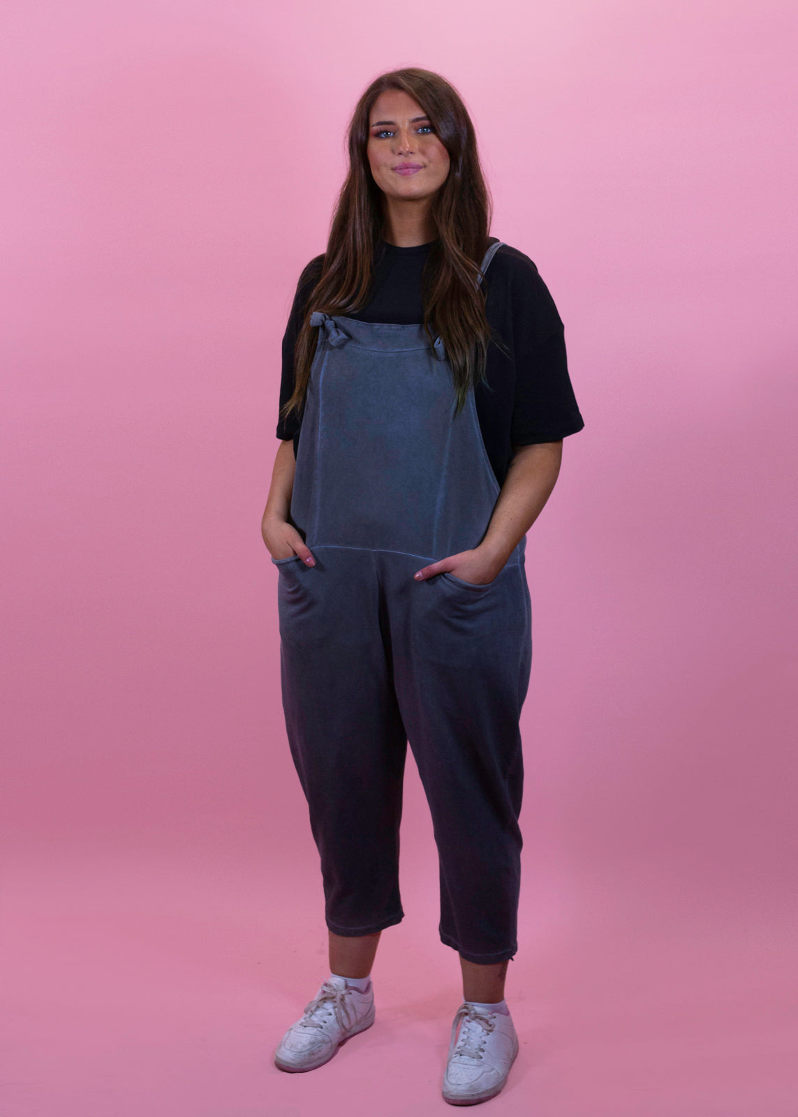 The Edit - Dark Grey Vintage Wash Jersey Dungarees