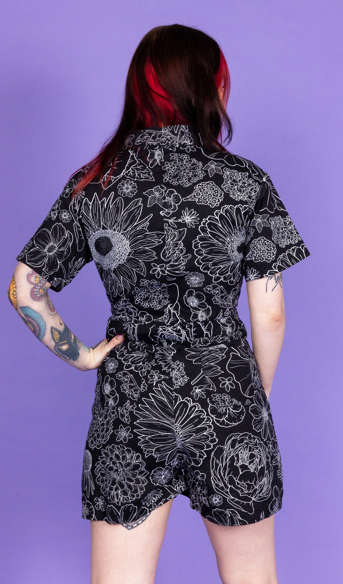 Run & Fly -    Black Floral Stretch Twill Playsuit