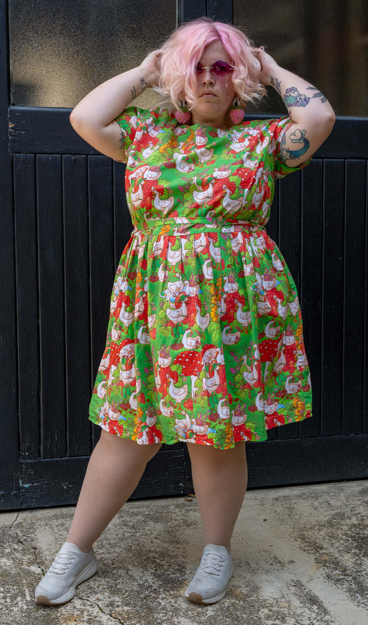 Run & Fly x The Mushroom Babes In The Geese Garden Stretch Belted Tea Dress with Pockets