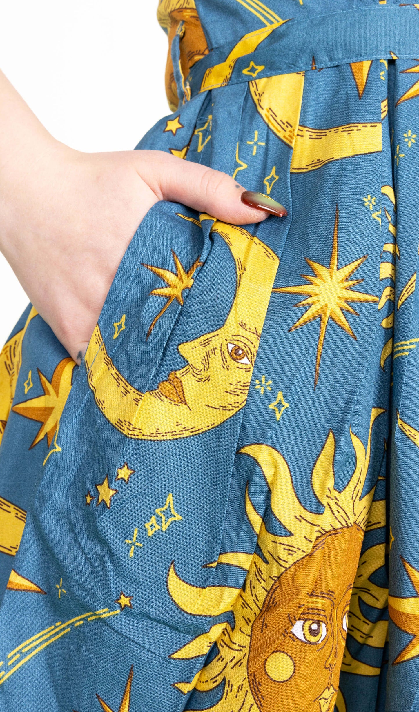 Run & Fly - Celestial Sun and Moon Stretch Belted Tea Dress with Pockets