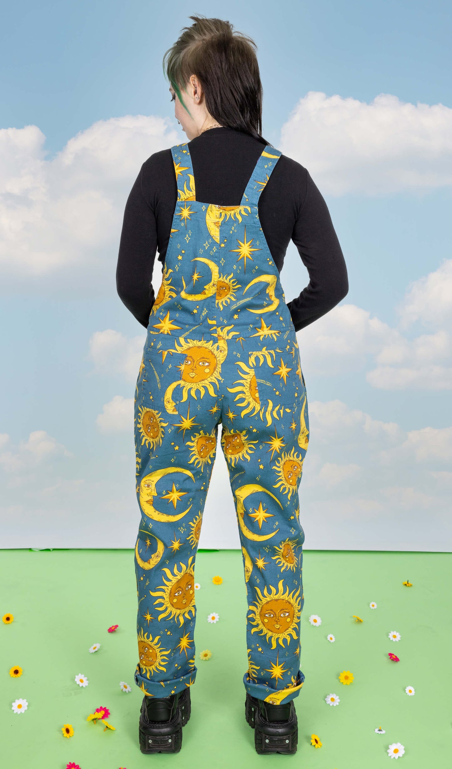 Run & Fly - Celestial Sun and Moon Stretch Twill Dungarees