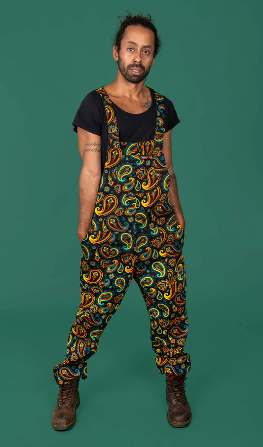 Run & Fly - Black Paisley Stretch Twill Dungarees