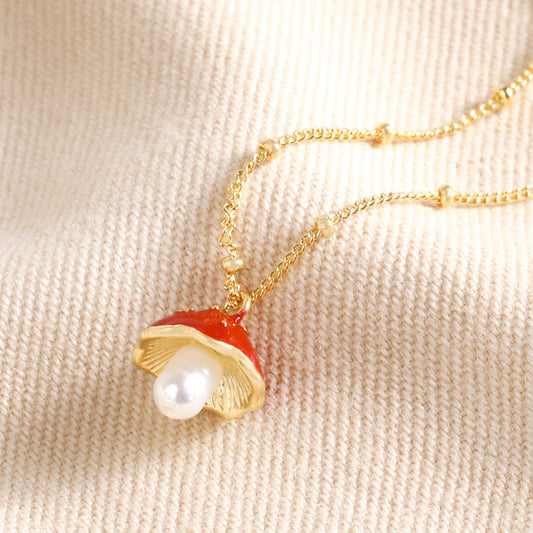 Lisa Angel - Pearl and Enamel Toadstool Pendant Necklace in Gold