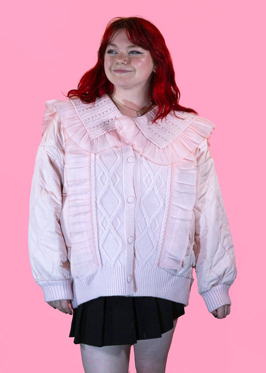 The Edit - Pale Pink Oversized Frill Collar Quilted Cardigan