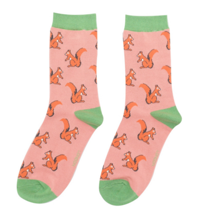 Miss Sparrow - Salmon Pink Red Squirrels Socks