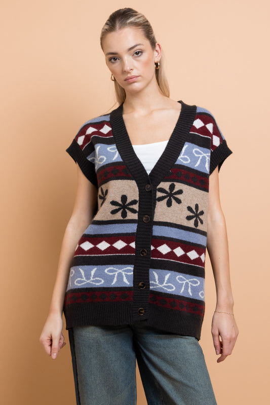 Daisy Street - Vintage Style Intarsia Pattern Knit Vest