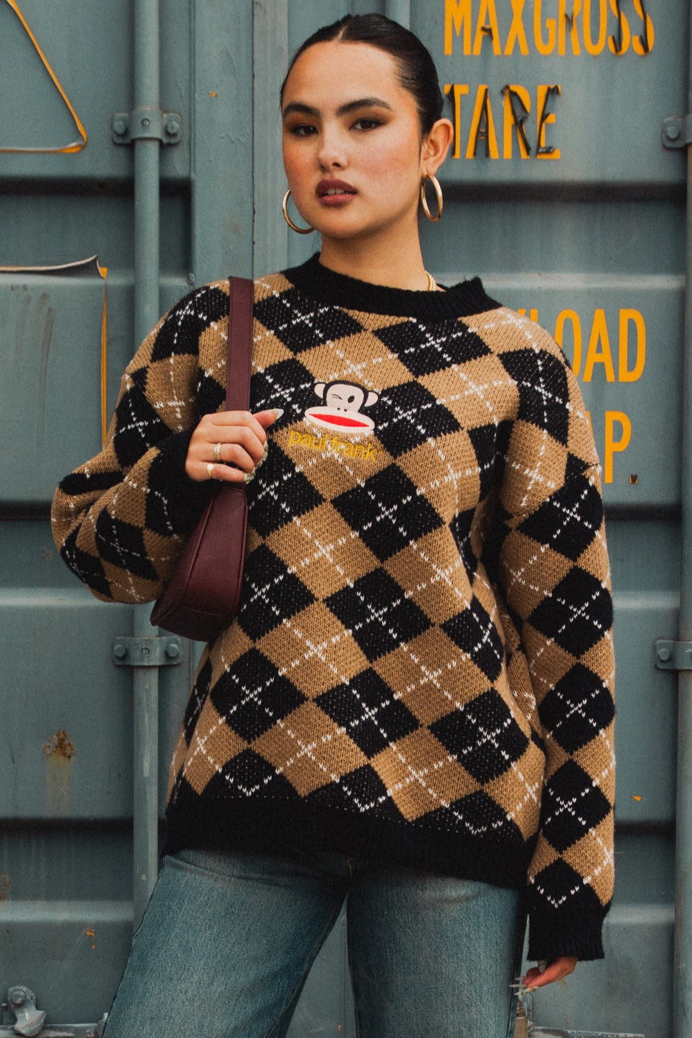 Daisy Street x Paul Frank - Knitted Brown Argyle Jumper with Embroidered Julius