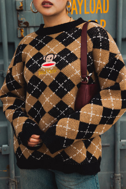 Daisy Street x Paul Frank - Knitted Brown Argyle Jumper with Embroidered Julius