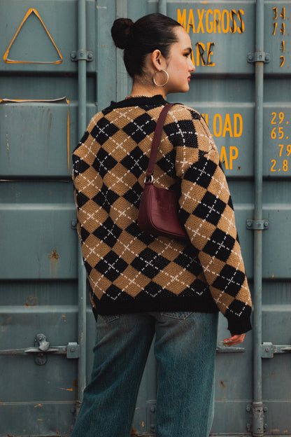 Daisy Street x Paul Frank - Knitted Brown Argyle Jumper with Embroidered Julius