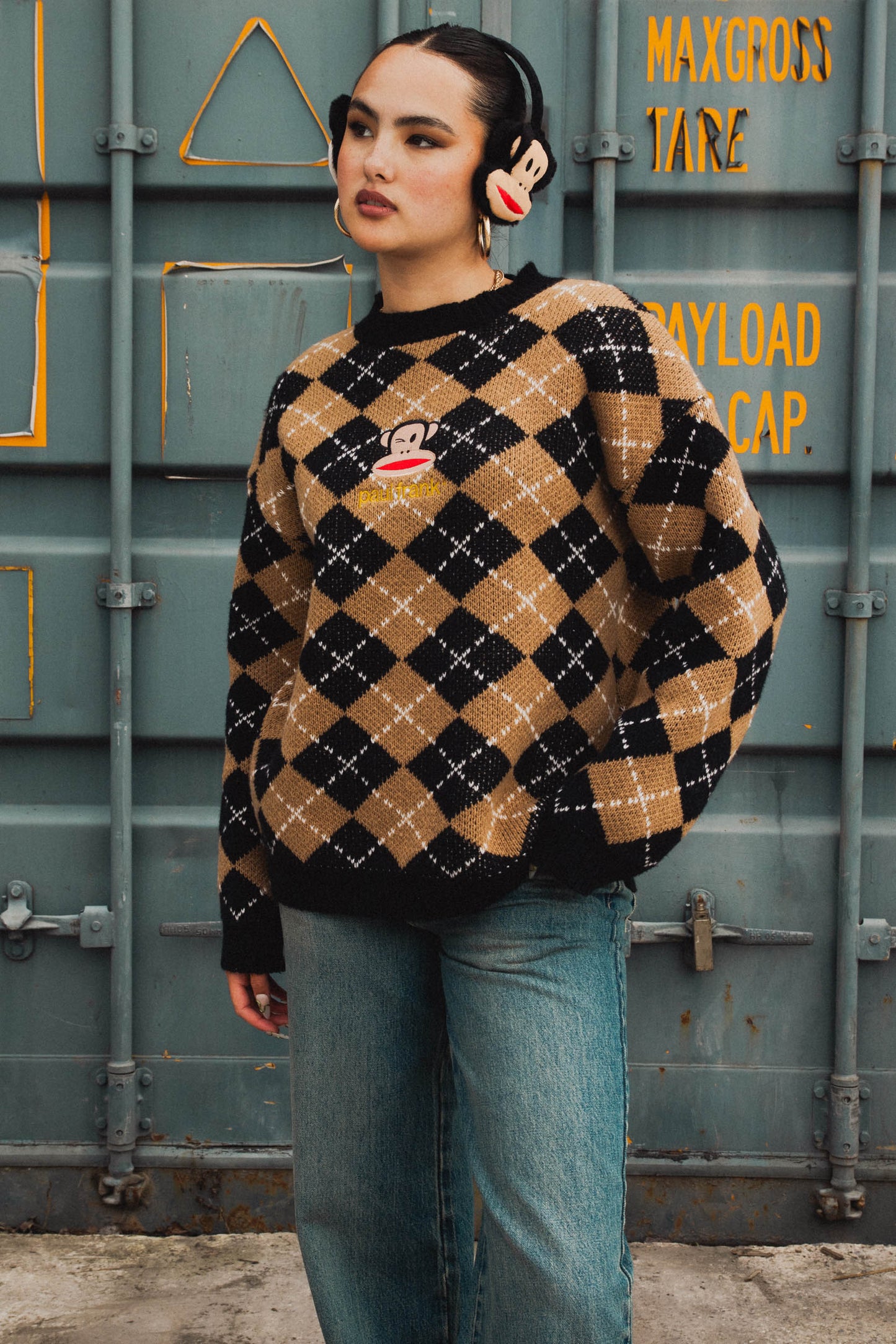 Daisy Street x Paul Frank - Knitted Brown Argyle Jumper with Embroidered Julius