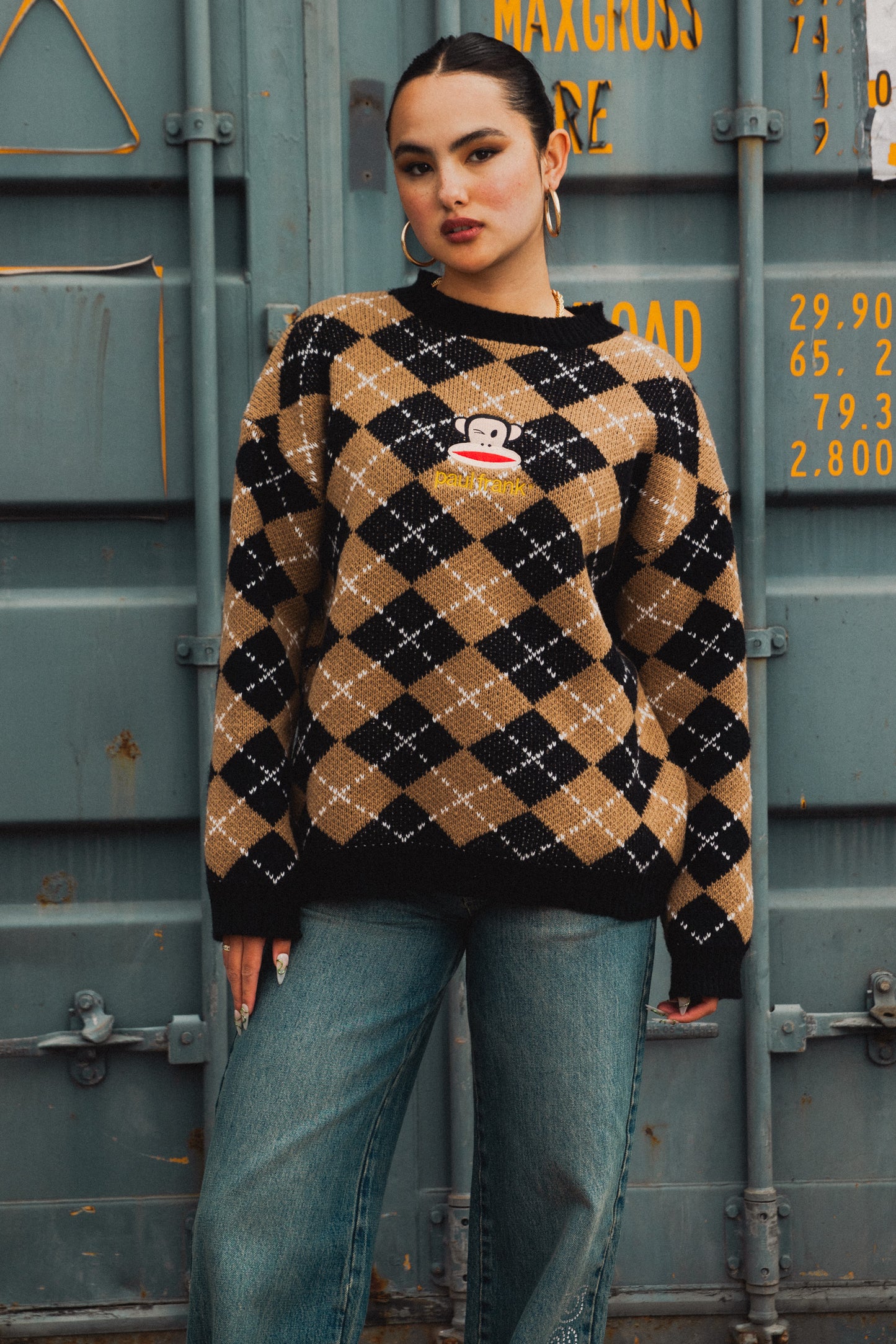 Daisy Street x Paul Frank - Knitted Brown Argyle Jumper with Embroidered Julius