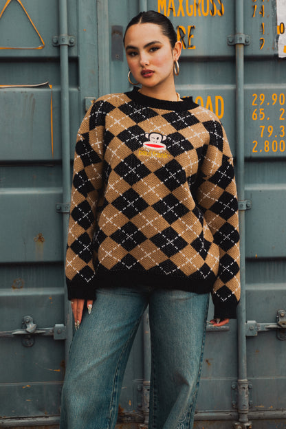 Daisy Street x Paul Frank - Knitted Brown Argyle Jumper with Embroidered Julius