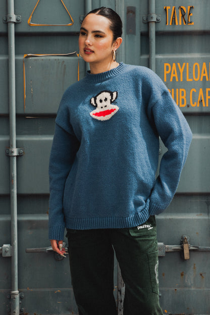 Daisy Street x Paul Frank - Oversized Blue Knitted Jumper with Intarsia Julius Face