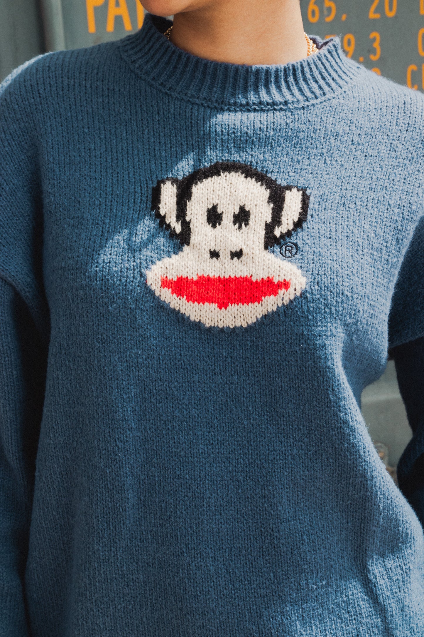 Daisy Street x Paul Frank - Oversized Blue Knitted Jumper with Intarsia Julius Face