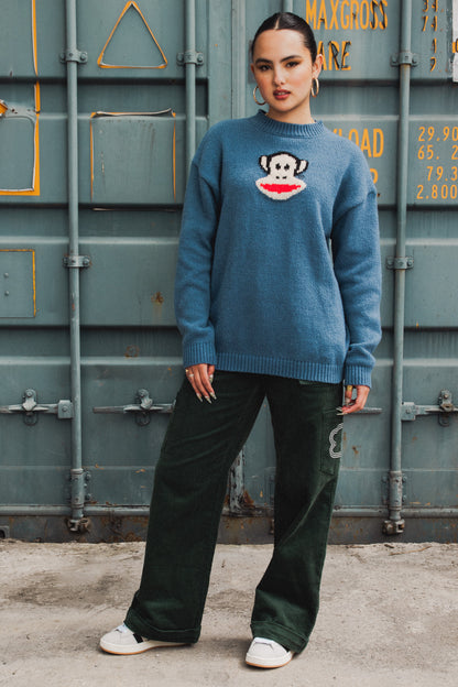 Daisy Street x Paul Frank - Oversized Blue Knitted Jumper with Intarsia Julius Face