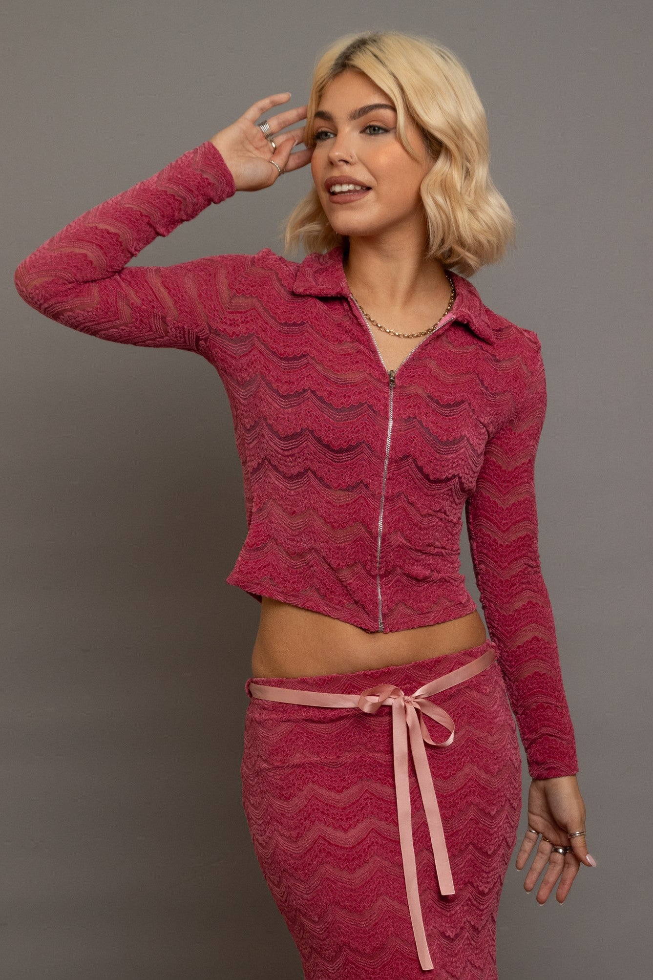 Daisy Street - Red Textured Lace Zip Top