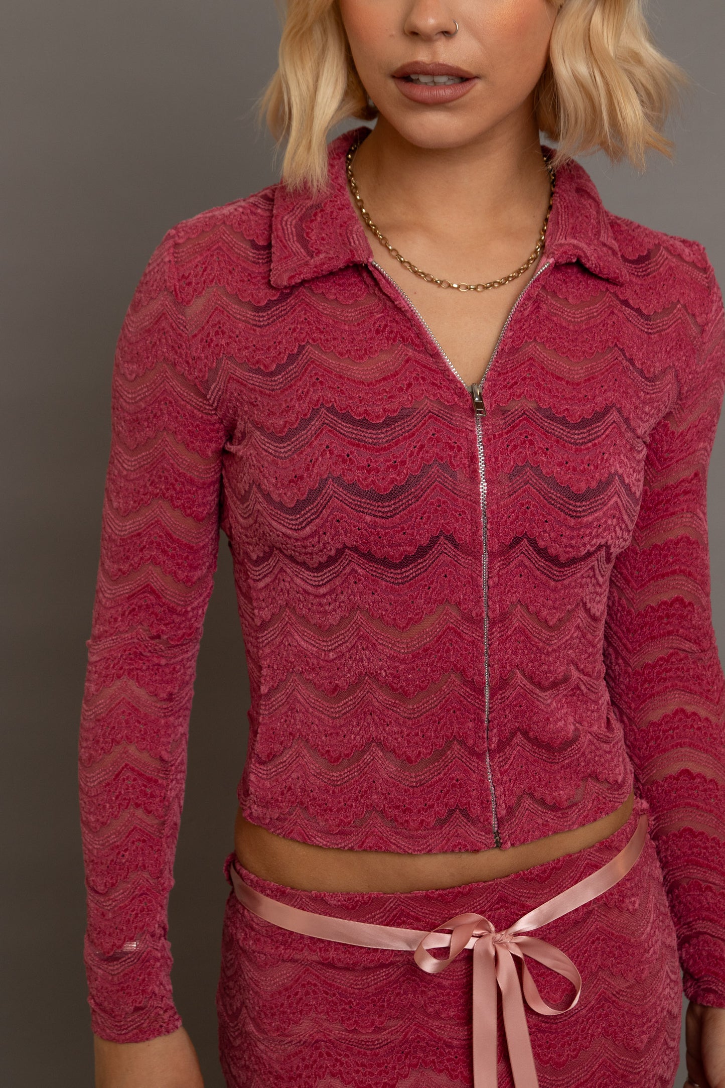 Daisy Street - Red Textured Lace Zip Top