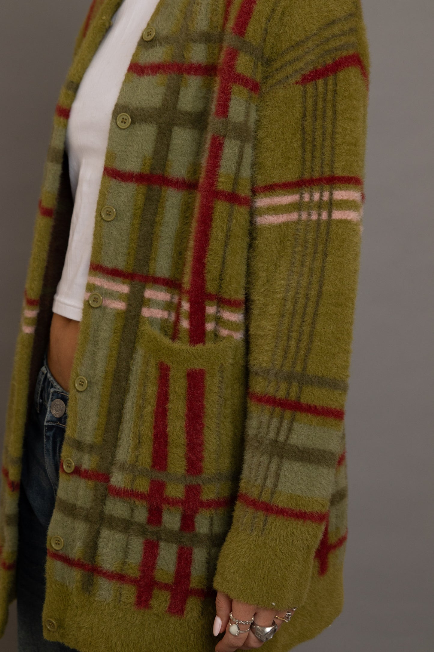 Daisy Street - Fluffy Green & Red Check Knitted Cardigan