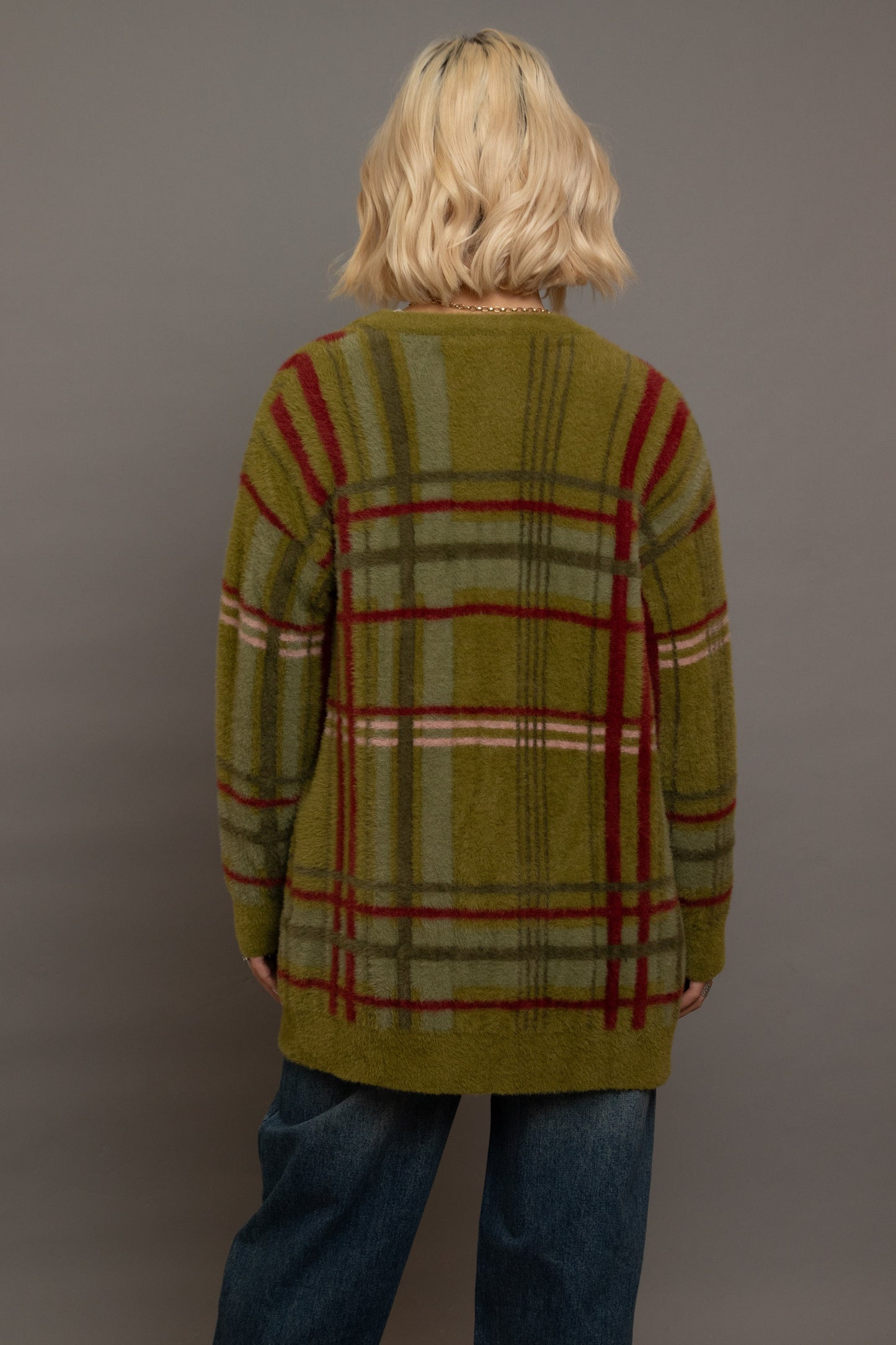 Daisy Street - Fluffy Green & Red Check Knitted Cardigan