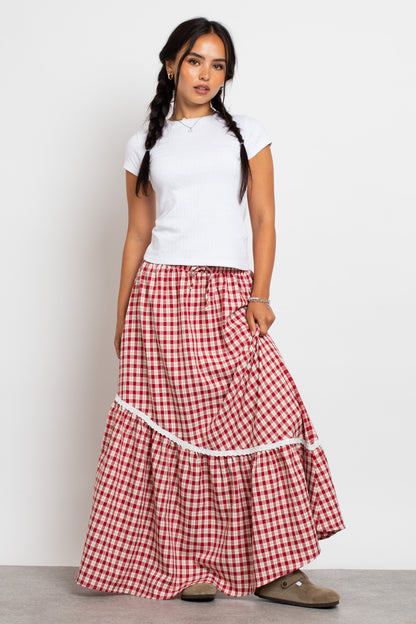 Daisy Street - Asymmetric Seam Red Check Maxi Skirt